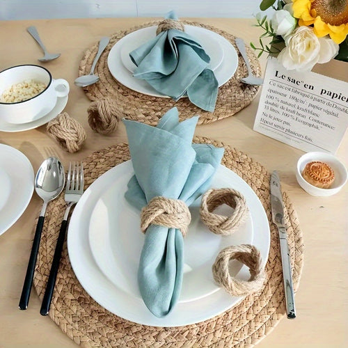 Conjunto de 8 anéis de toalha de linho trançado, anel de toalha de juta trançado à mão em forma de flor, adequado para mesa de jantar, anel de toalha náutico, decoração de mesa, festa, banquete, casamento, aniversário