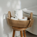 Bohemian Woven Fabric Toilet Paper Basket with Tassels - No-Installation Bathroom Storage Shelf & Decorative Hanging Toilet Tank Organizer, Cloth Basket for Towels, Tubes & Small Items - Decorative Bath Shelf for Modern or traditional rooms, Toilet