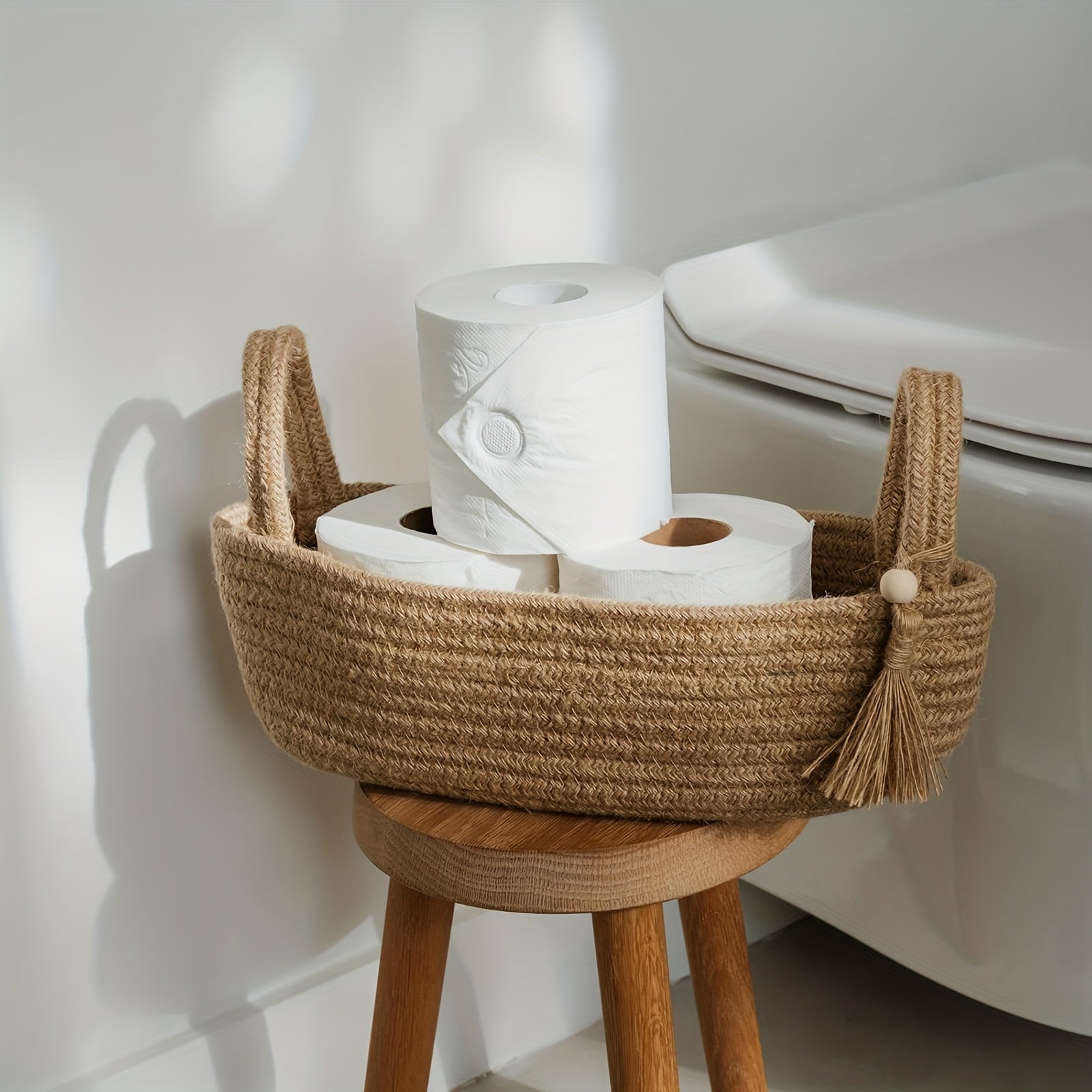 Bohemian Woven Fabric Toilet Paper Basket with Tassels - No-Installation Bathroom Storage Shelf & Decorative Hanging Toilet Tank Organizer, Cloth Basket for Towels, Tubes & Small Items - Decorative Bath Shelf for Modern or traditional rooms, Toilet
