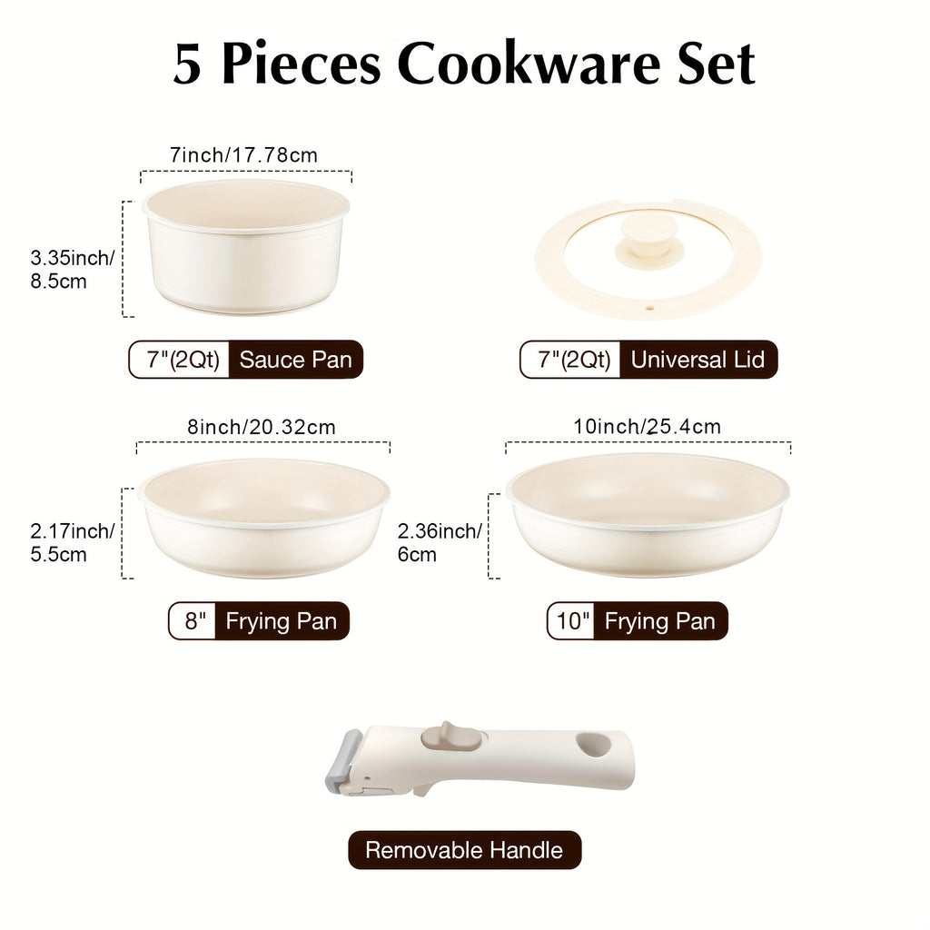 Conjunto de 5 peças de panelas antiaderentes IKTU em alumínio, com pegas removíveis para fácil limpeza e armazenamento, ideal para indução, gás e todos os tipos de fogões, perfeito como conjunto de panelas antiaderentes para autocaravanas, um excelente presente de Natal.