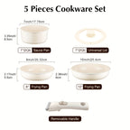 Conjunto de 5 peças de panelas antiaderentes IKTU em alumínio, com pegas removíveis para fácil limpeza e armazenamento, ideal para indução, gás e todos os tipos de fogões, perfeito como conjunto de panelas antiaderentes para autocaravanas, um excelente presente de Natal.