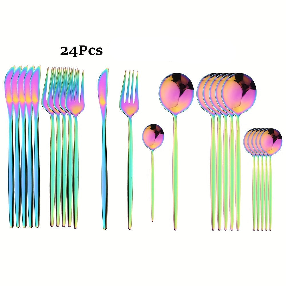 Conjunto de Talheres Dourados com Cabo Preto de 24 peças | Faca, Garfo, Colher em Aço Inoxidável, Aço Inoxidável 410, Presente de Louça de Jantar para Cozinha de Festival com Caixa
