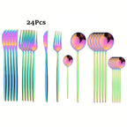 Conjunto de Talheres Dourados com Cabo Preto de 24 peças | Faca, Garfo, Colher em Aço Inoxidável, Aço Inoxidável 410, Presente de Louça de Jantar para Cozinha de Festival com Caixa