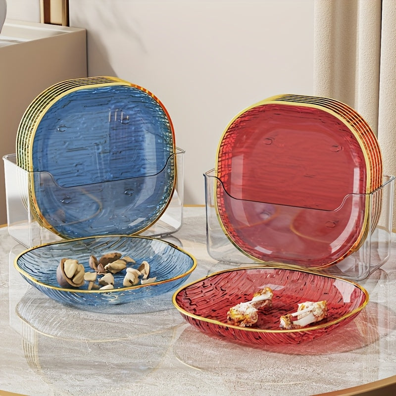 Conjunto de 4 Pratos Elegantes Transparentes para Snacks e Fruta com Borda Dourada, Fabricados com Materiais de Alta Qualidade para Alimentos, Formato Oval, Perfeitos para Refeições Familiares, Convívios e Todas as Estações, Adequados para Fruta, Snacks e Pratos de Servir.
