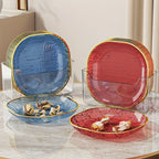 Conjunto de 4 Pratos Elegantes Transparentes para Snacks e Fruta com Borda Dourada, Fabricados com Materiais de Alta Qualidade para Alimentos, Formato Oval, Perfeitos para Refeições Familiares, Convívios e Todas as Estações, Adequados para Fruta, Snacks e Pratos de Servir.