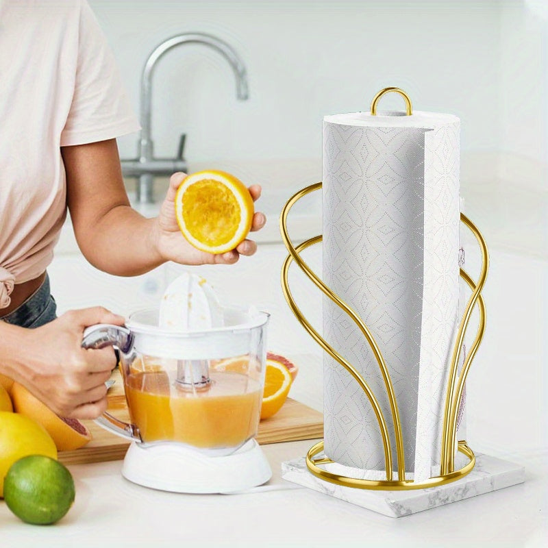 Elegant Golden Tissue Holder with Weighted Base - Freestanding Countertop Paper Towel Rack for Kitchen & Bathroom, Decorative Multi-Loop Design, Towel Holder for Bathroom