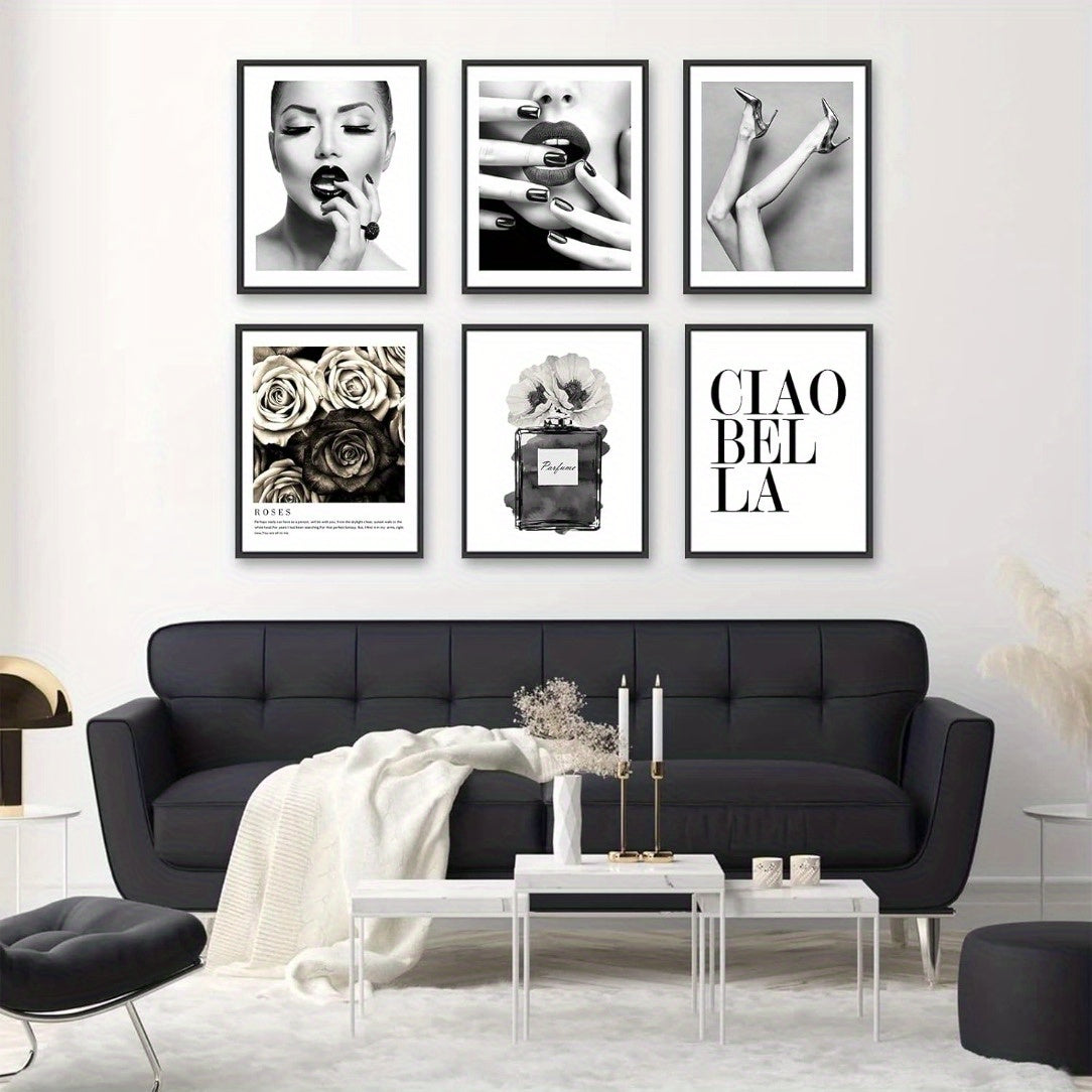Conjunto Elegante de Arte de Parede Preto & Branco com 6 Peças - Desenhos Florais, Lábios Dourados, Óculos de Moda & Saltos Altos para Decoração de Quarto & Banheiro Feminino, Sem Moldura 20.32x25.4 cm, Perfeito para Decoração de Ambientes