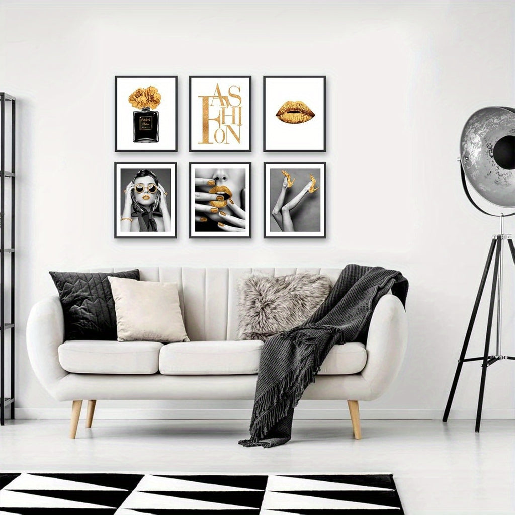Conjunto Elegante de Arte de Parede Preto & Branco com 6 Peças - Desenhos Florais, Lábios Dourados, Óculos de Moda & Saltos Altos para Decoração de Quarto & Banheiro Feminino, Sem Moldura 20.32x25.4 cm, Perfeito para Decoração de Ambientes