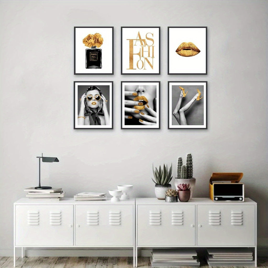 Conjunto Elegante de Arte de Parede Preto & Branco com 6 Peças - Desenhos Florais, Lábios Dourados, Óculos de Moda & Saltos Altos para Decoração de Quarto & Banheiro Feminino, Sem Moldura 20.32x25.4 cm, Perfeito para Decoração de Ambientes
