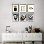 Conjunto Elegante de Arte de Parede Preto & Branco com 6 Peças - Desenhos Florais, Lábios Dourados, Óculos de Moda & Saltos Altos para Decoração de Quarto & Banheiro Feminino, Sem Moldura 20.32x25.4 cm, Perfeito para Decoração de Ambientes