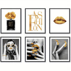 Conjunto Elegante de Arte de Parede Preto & Branco com 6 Peças - Desenhos Florais, Lábios Dourados, Óculos de Moda & Saltos Altos para Decoração de Quarto & Banheiro Feminino, Sem Moldura 20.32x25.4 cm, Perfeito para Decoração de Ambientes