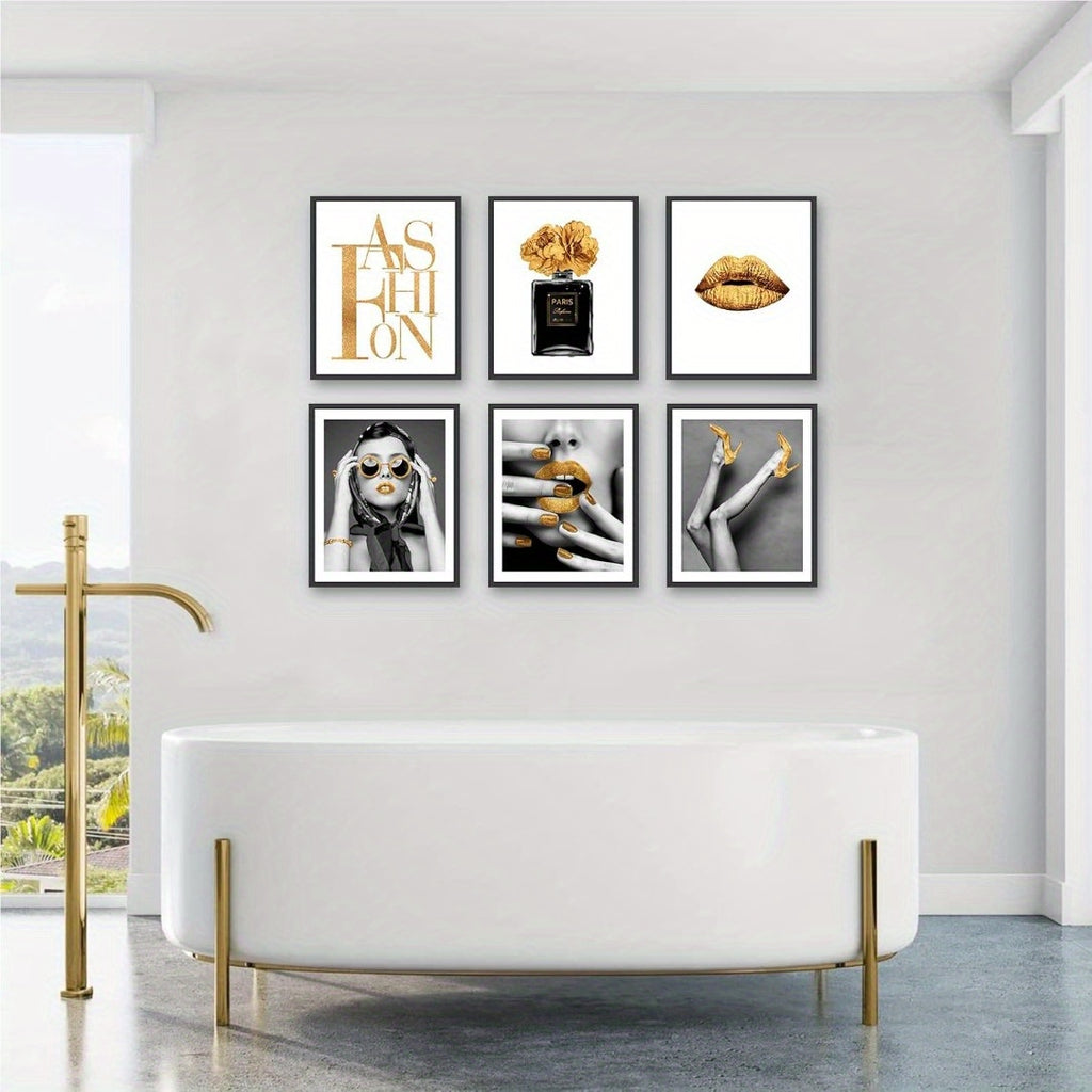 Conjunto Elegante de Arte de Parede Preto & Branco com 6 Peças - Desenhos Florais, Lábios Dourados, Óculos de Moda & Saltos Altos para Decoração de Quarto & Banheiro Feminino, Sem Moldura 20.32x25.4 cm, Perfeito para Decoração de Ambientes