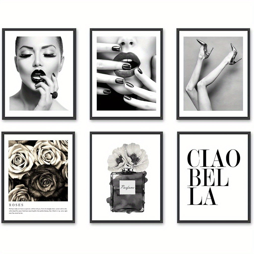Conjunto Elegante de Arte de Parede Preto & Branco com 6 Peças - Desenhos Florais, Lábios Dourados, Óculos de Moda & Saltos Altos para Decoração de Quarto & Banheiro Feminino, Sem Moldura 20.32x25.4 cm, Perfeito para Decoração de Ambientes