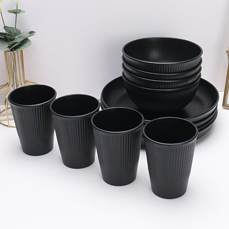 Conjunto de Louça de Palha de Trigo Preta de Alta Qualidade - Inclui Pratos, Tigelas & Copos para Uso Doméstico