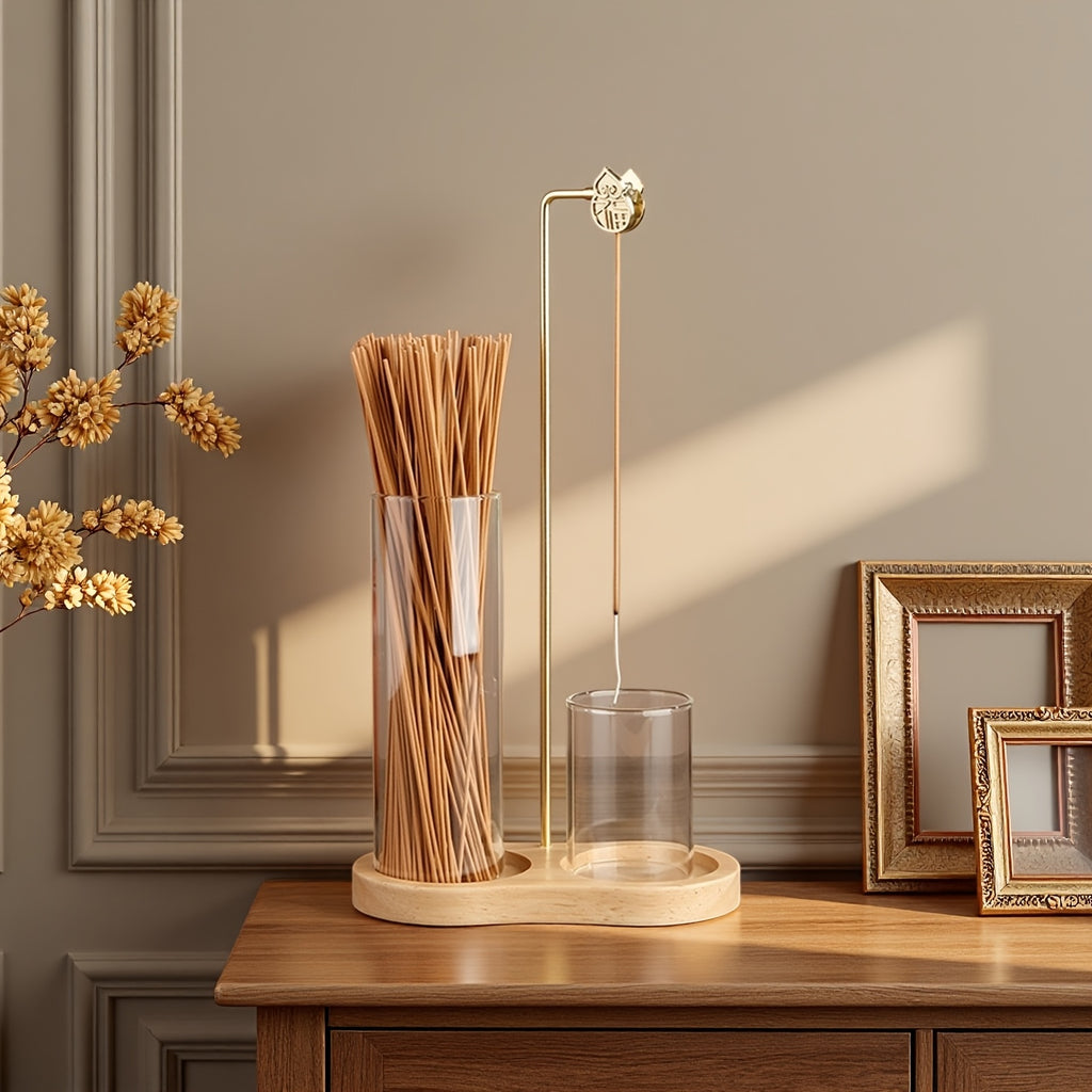 Suporte de Incenso Duplo em Madeira Maciça com Design em Forma de Copo Redondo, Equipado com um Suporte de Incenso de Cabaça, um Tubo de Incenso de Vidro e um Suporte de Incenso de Sândalo em Madeira de Borracha, Adequado para Uso no Escritório, Yoga e Meditação.