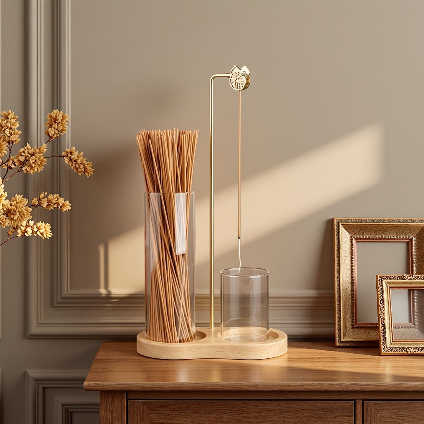 Suporte de Incenso Duplo em Madeira Maciça com Design em Forma de Copo Redondo, Equipado com um Suporte de Incenso de Cabaça, um Tubo de Incenso de Vidro e um Suporte de Incenso de Sândalo em Madeira de Borracha, Adequado para Uso no Escritório, Yoga e Meditação.