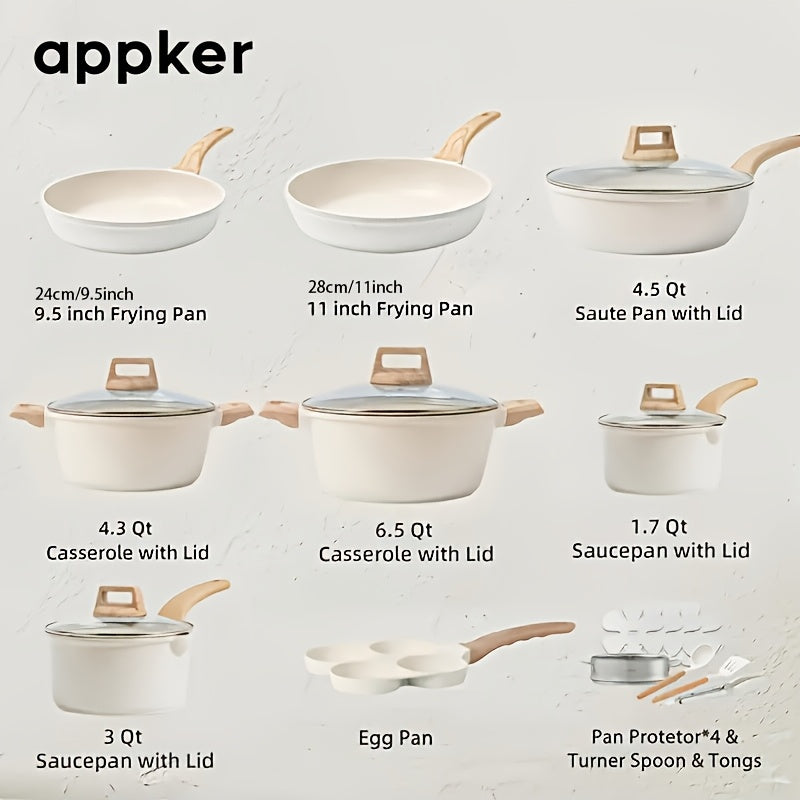 Conjunto de Cozinha de Indução em Granito Branco Appker, Coleção de Utensílios de Cozinha Incluindo Frigideira, Panela e Vaporizador