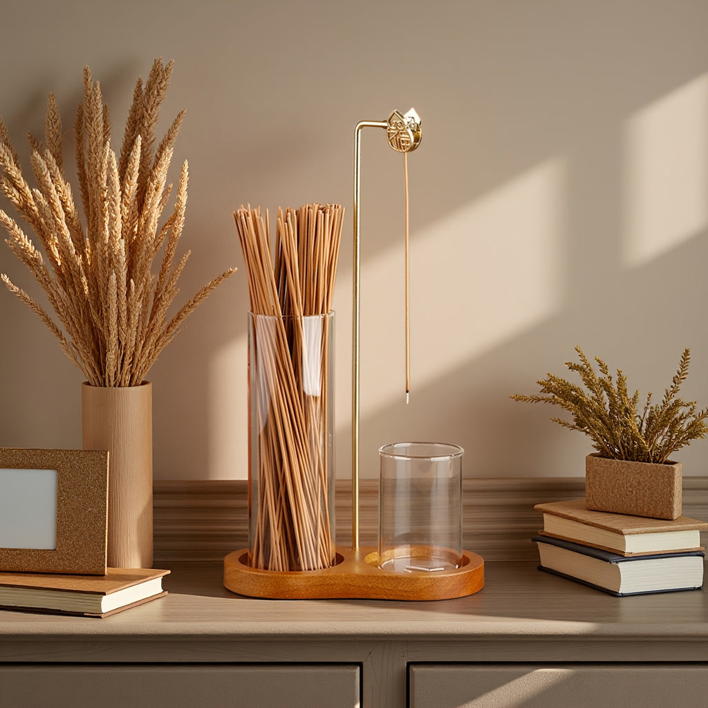 Suporte de Incenso Duplo em Madeira Maciça com Design em Forma de Copo Redondo, Equipado com um Suporte de Incenso de Cabaça, um Tubo de Incenso de Vidro e um Suporte de Incenso de Sândalo em Madeira de Borracha, Adequado para Uso no Escritório, Yoga e Meditação.