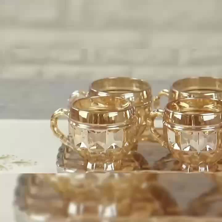 Jogo 6 Xícaras Chá e Café 260ml Itália Âmbar Cristal Dourado Luxuoso
