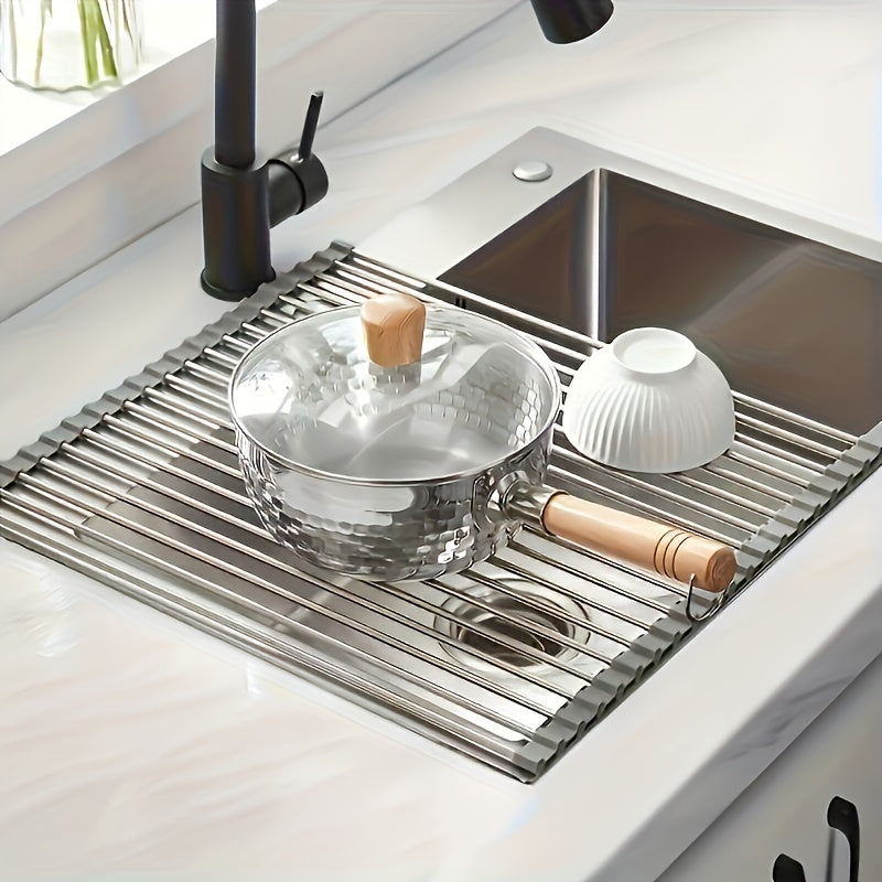 1pc, Deluxe Stainless Steel Roll-Up Dish Drying Rack - Space-Saving Over The Sink Design, Multifunctional Dish Drain Rack, Portable Rolling Rack, Sink Mat, Easy Storage, Rust-Resistant, Durable, And Compact Kitchen Tool, Drain Rack