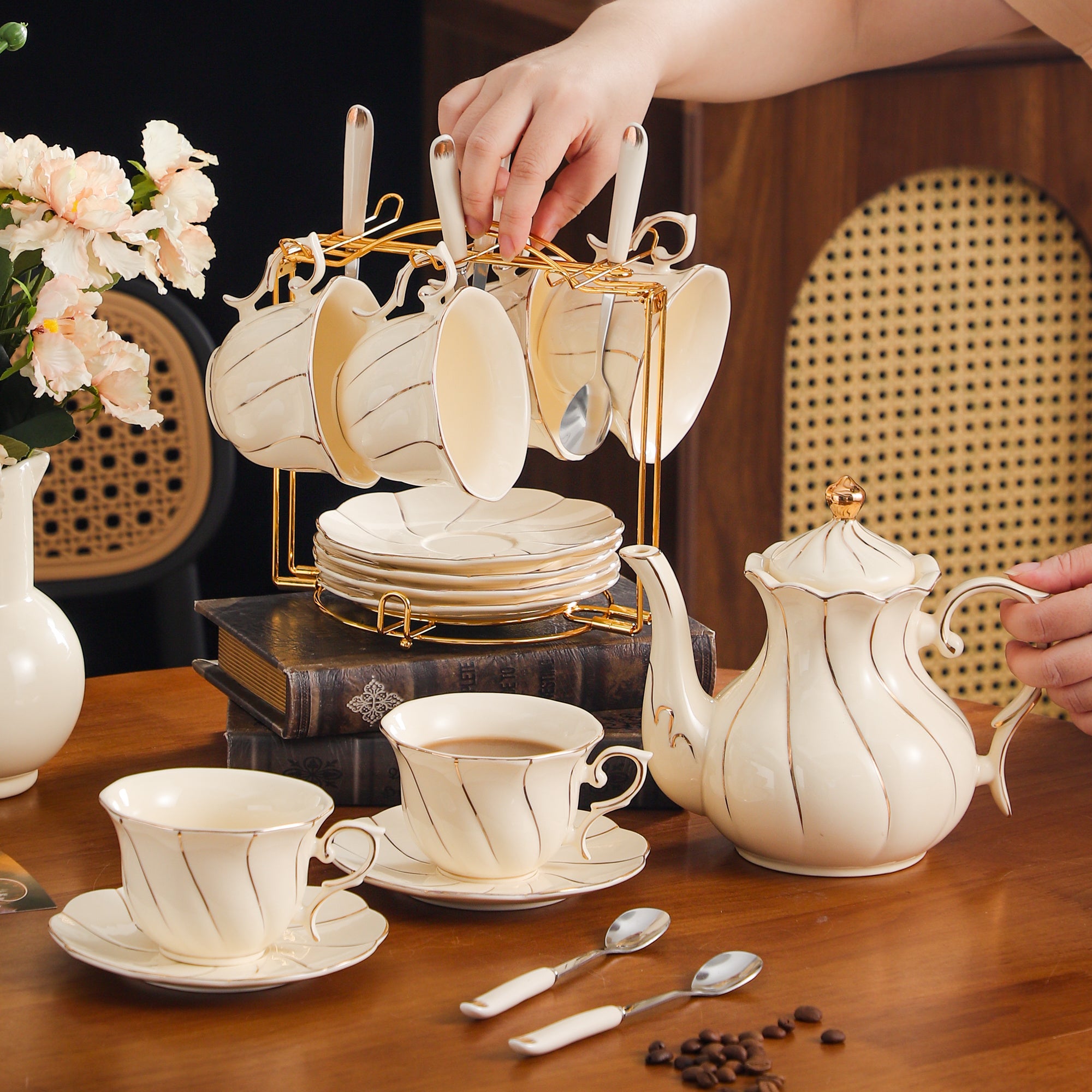 7pcs Court Style Ceramic Set, Creamy Coffee Cup with Floral Edge, American Style Golden Trim, 220ml Beige Tea Cup, Corporate Gift Set for Water & Office Use