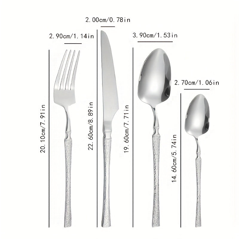 Conjunto de Talheres em Aço Inoxidável de 4/16/24 peças, Cabo de Talher com Padrão Martelado para Essenciais Domésticos, Talheres de Faca, Garfo e Colher de Alta Qualidade, Adequado para Casamentos, Hotéis, Restaurantes, Natal, Halloween, Ação de Graças, Dia dos Namorados, Dia da Mãe