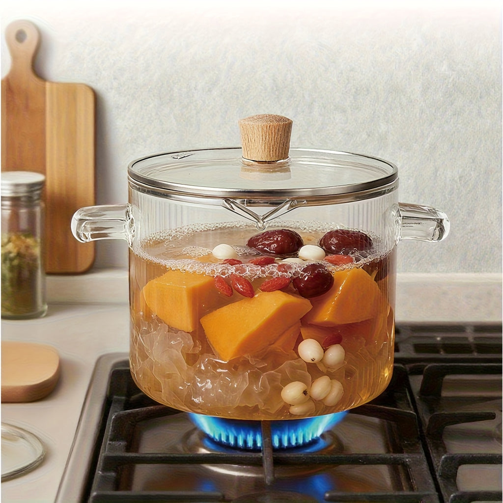 61oz/78oz Stylish Double-Handled Vertical Striped Transparent Glass Small Pot, High Borosilicate Glass Material, Heat-Resistant, Suitable for Open Flame, Electric, and Ceramic Stoves, Transparent Visible Stewing Pot, Household Pot for 1-2 People