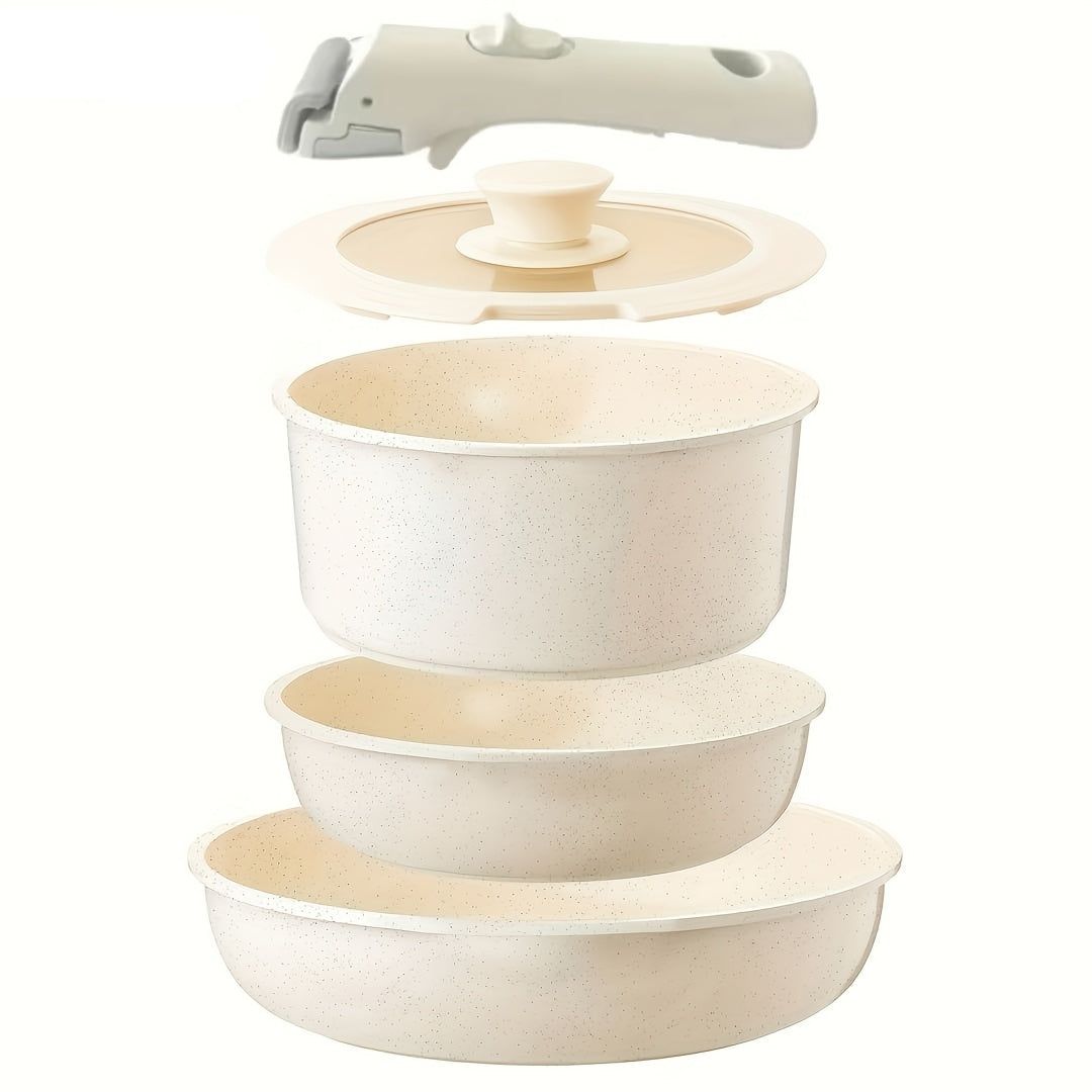 Conjunto de 5 peças de panelas antiaderentes IKTU em alumínio, com pegas removíveis para fácil limpeza e armazenamento, ideal para indução, gás e todos os tipos de fogões, perfeito como conjunto de panelas antiaderentes para autocaravanas, um excelente presente de Natal.