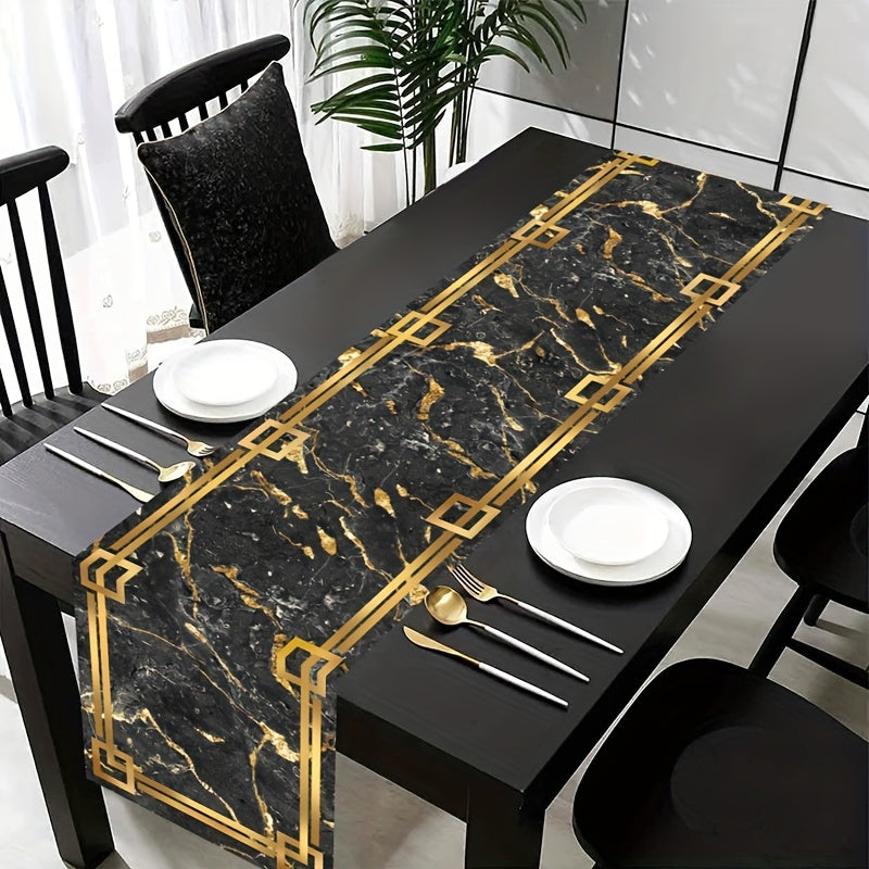 Caminho de Mesa Elegante em Mármore com 35.0 X 180.01 cm - Apresenta um Borda Dourada com Textura em Branco, Preto e Azul. Feito de Poliéster, é Ideal para Decorar Mesas de Jantar e Cozinha Durante Festas e Celebrações