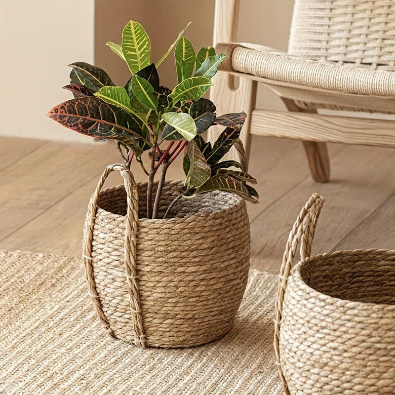 Cesto de Flores Redondo Grande em Seagrass Tecido à Mão Estilo Boho Chic - Decoração para Interior/Exterior, Perfeito para Casa & Jardim