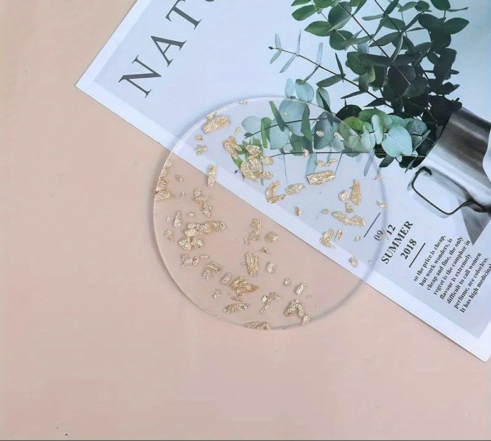 Conjunto de 8 Luxuosos Bases para Copos em Acrílico com Design de Folha Dourada - Protetores de Mesa Redondos Resistentes ao Calor, Bases para Copos Transparentes Elegantes Adequadas para Chá/Café, Decoração Elegante para Casa e Escritório