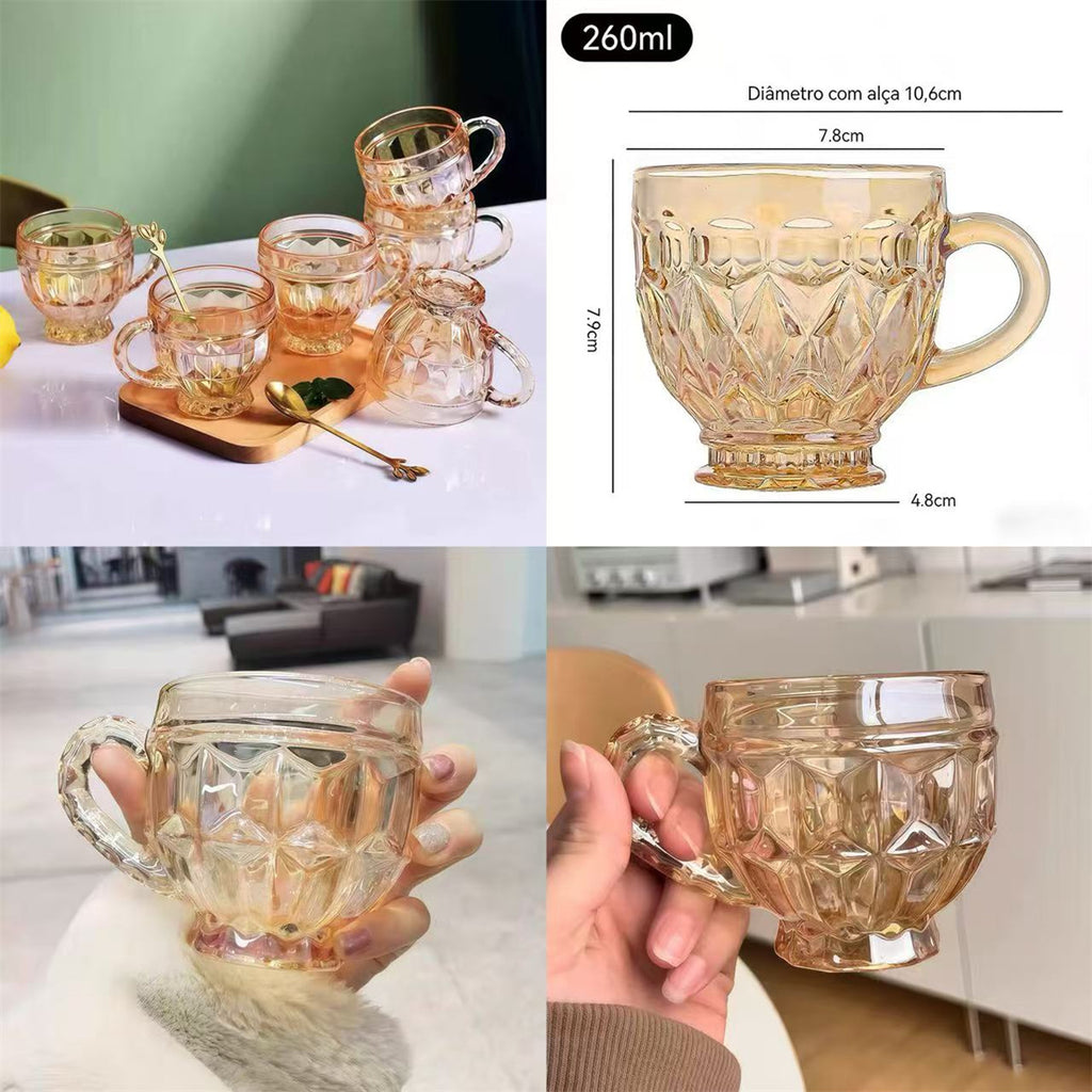Jogo 6 Xícaras Chá e Café 260ml Itália Âmbar Cristal Dourado Luxuoso