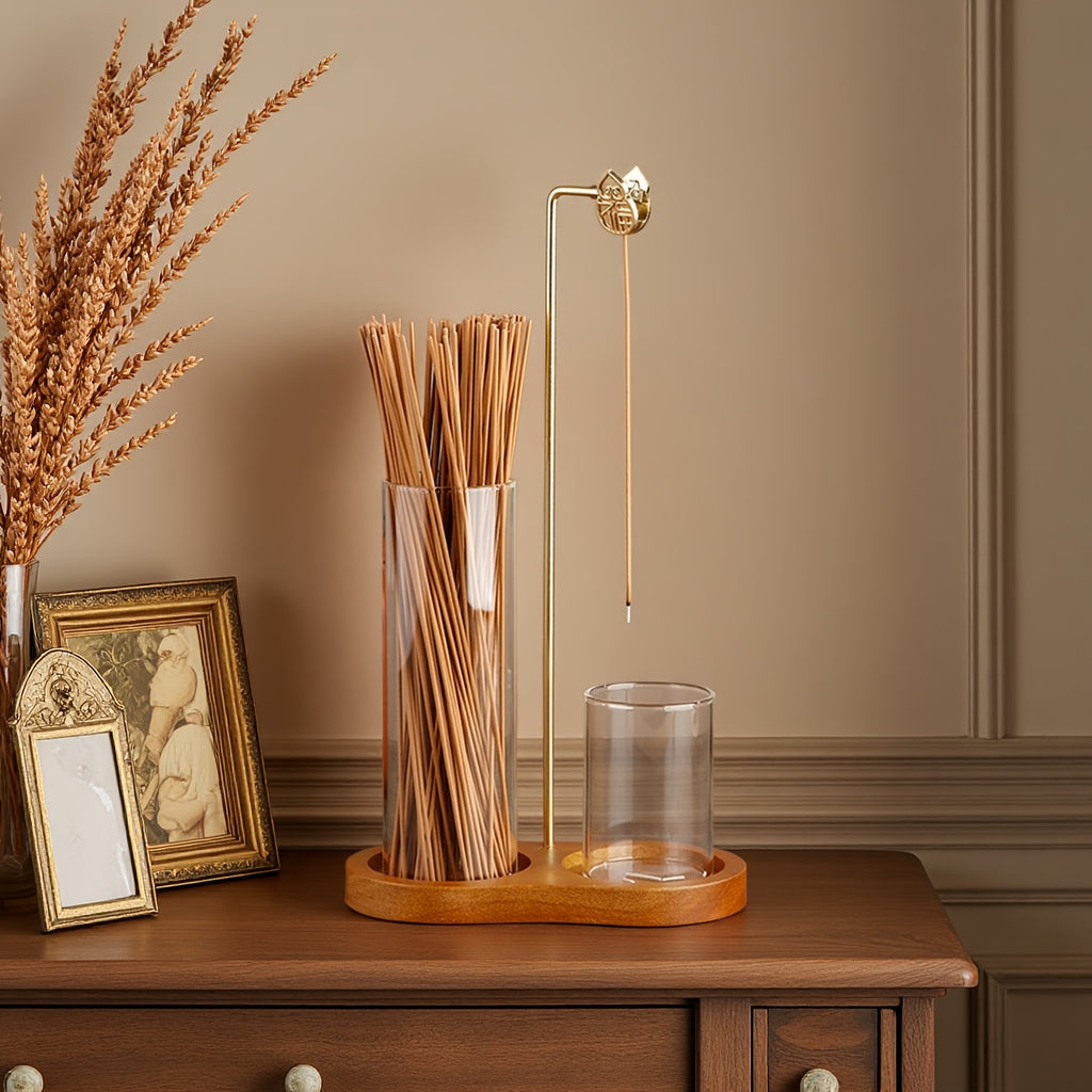 Suporte de Incenso Duplo em Madeira Maciça com Design em Forma de Copo Redondo, Equipado com um Suporte de Incenso de Cabaça, um Tubo de Incenso de Vidro e um Suporte de Incenso de Sândalo em Madeira de Borracha, Adequado para Uso no Escritório, Yoga e Meditação.