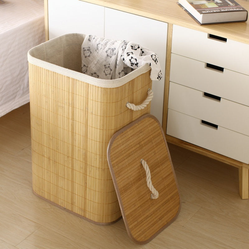Dirty Laundry Basket 72 LITERS Bamboo Rectangular Lid Coated Quarter Bathroom Foldable