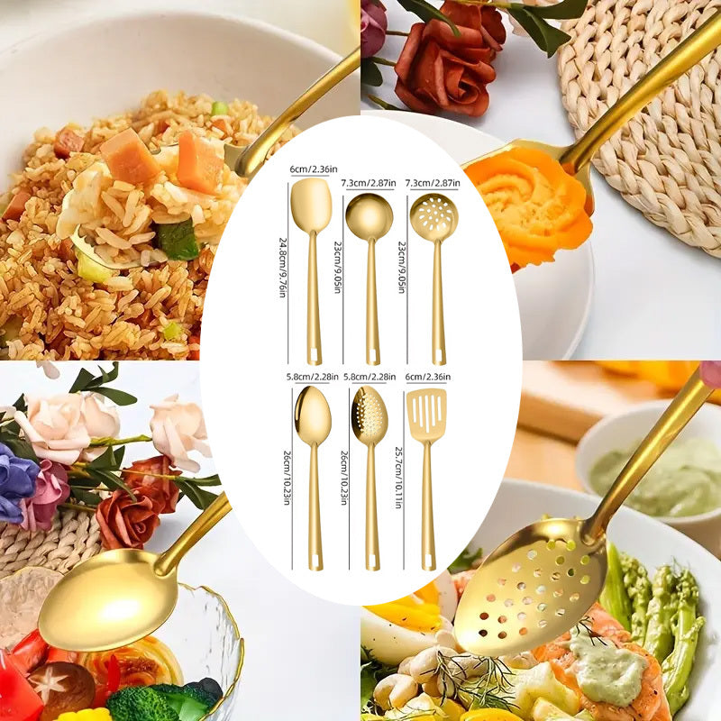 Conjunto de 6 Utensílios de Cozinha Dourados de Aço Inoxidável/Espátula Estilo Coreano, Concha de Sopa, Colher Furada/Conjunto de Utensílios de Cozinha para Casa para Sopa, Saltear e Fritar/Culinária Doméstica Essencial, Buffet, Restaurante, Banquete, Festa, Confeitaria e Servir/