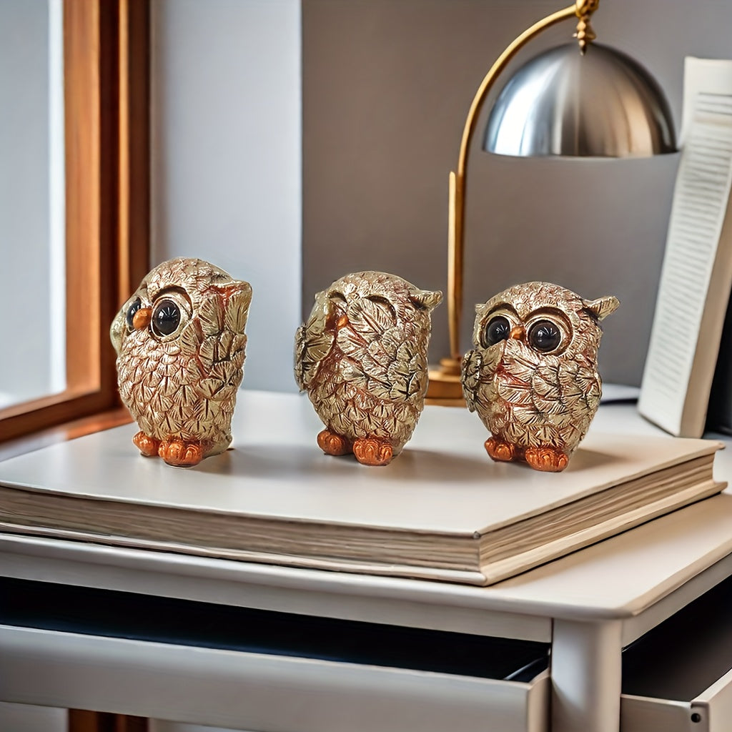 3pcs Creative Owl Statue Set Representing The 'See No Evil, Hear No Evil, Speak No Evil' Concept, Featuring Quirky Big-Eyed Owl Figurines, Suitable for Display in a Wine Cabinet, Living Room, Office Desk, Or Home Decor