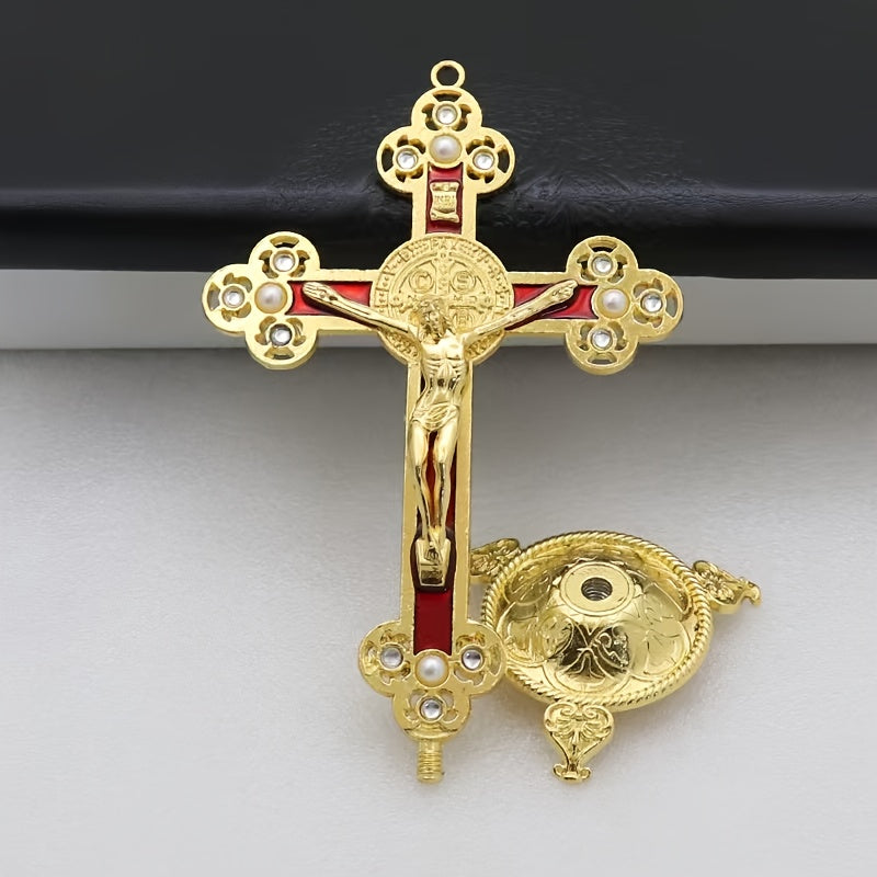 A Vintage Metal Statue of Christ Featuring an Intricate Cross Design - Perfect for Living Room Religious Decor, a Prayer Talisman, Adorned with Beautiful Golden And Red Accents, Suitable for Church Use