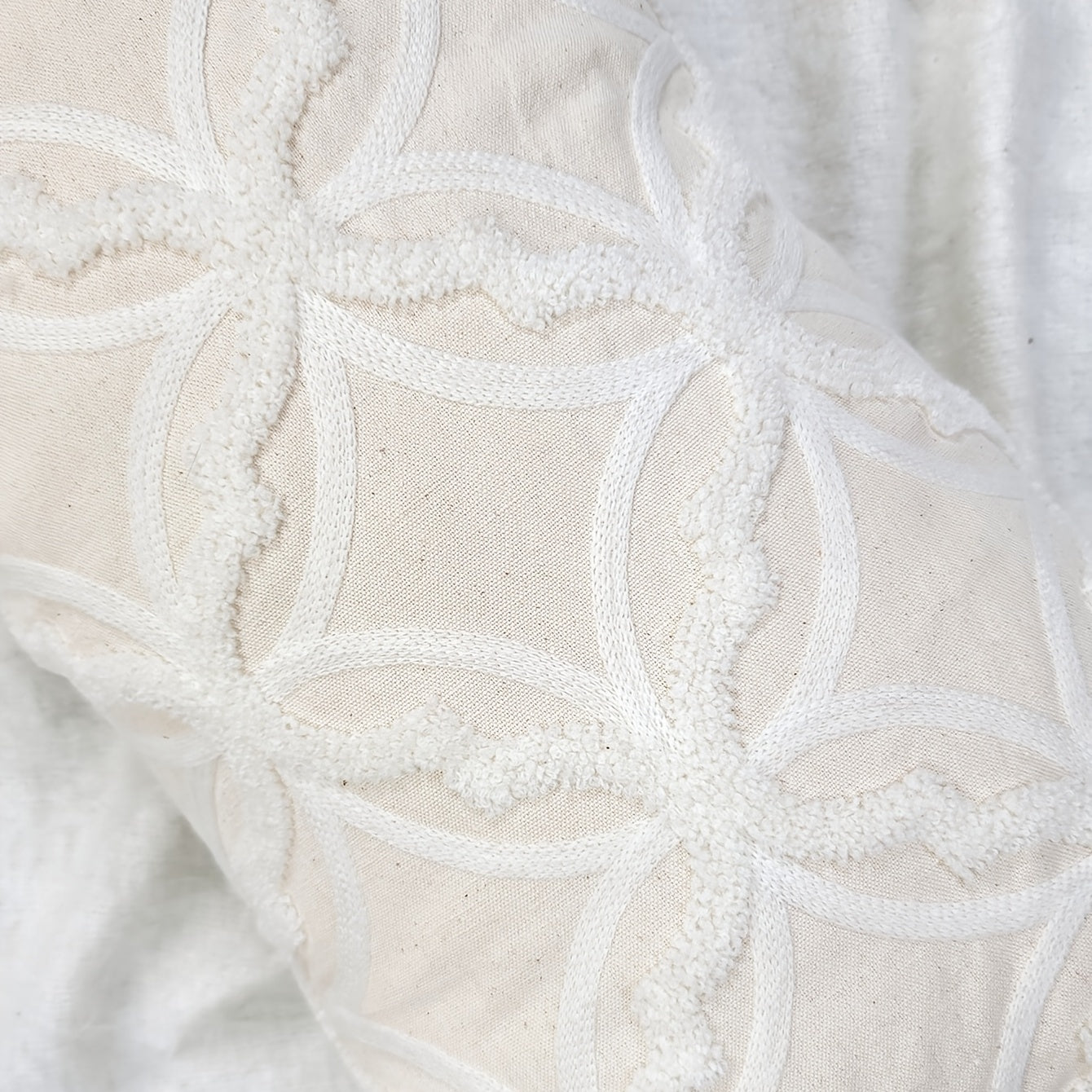 1 Peça Capa de Almofada com Bordado de Padrão Geométrico, Tecido Bege com Bordado Branco