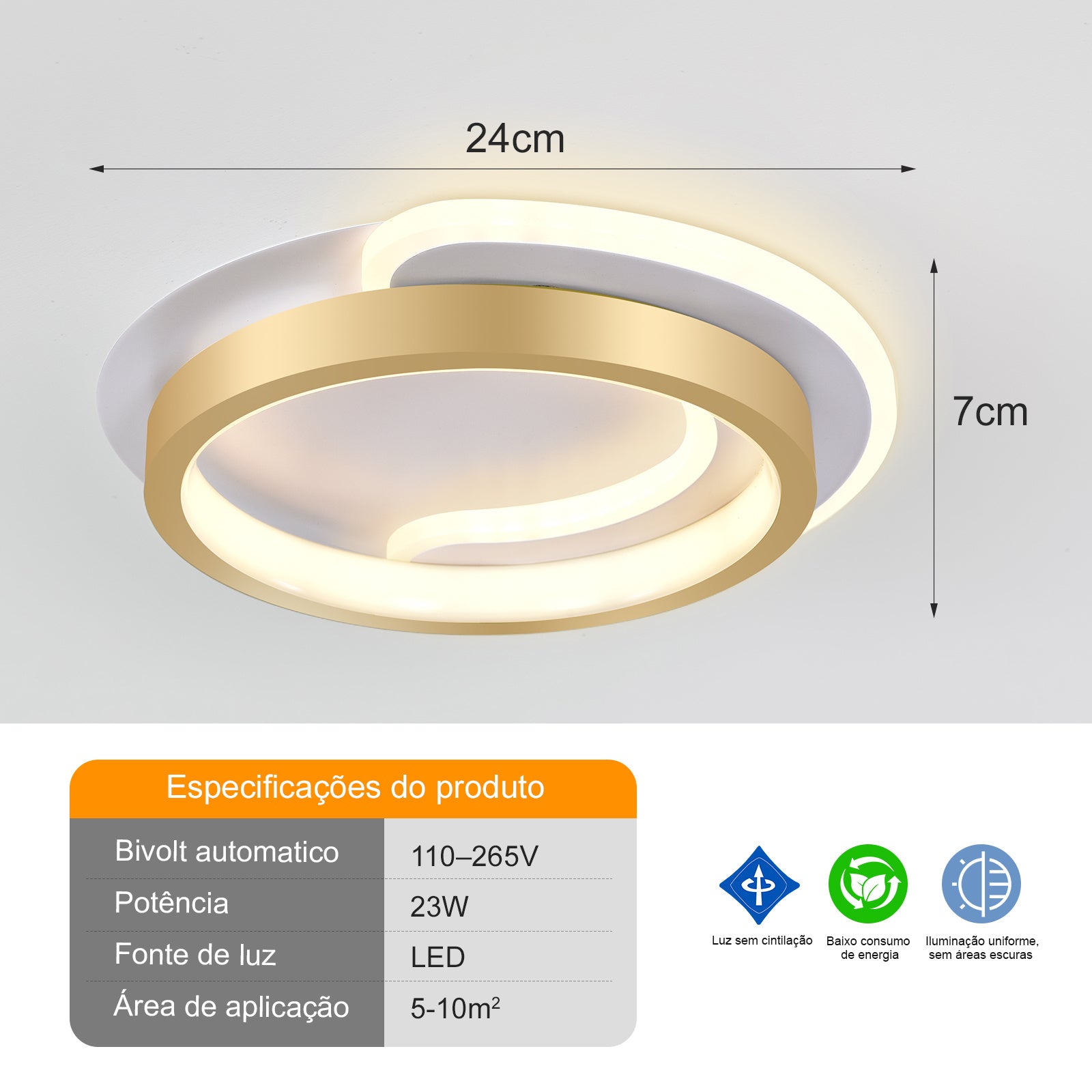 Ceiling Lamp, Modern Adjustable 23W Plafon Light, Strong And Economical Bivolt 110-265V Bedroom Lamp, Modern Lighting for Living Room, Bedroom, And Kitchen, 3 in 1, Golden Color