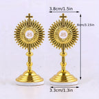 2pcs Golden Catholic Communion Monstrance Statue - Elegant Sacred Table Decor with Cross, Zinc Alloy Construction, Stable Base - for Home, Church, Office - Perfect for Mass, Christmas, Easter, Thanksgiving - Religious Gifts for Catholics, Holiday Table Accent, Ornate Religious Design, Detailed Craftsmanship