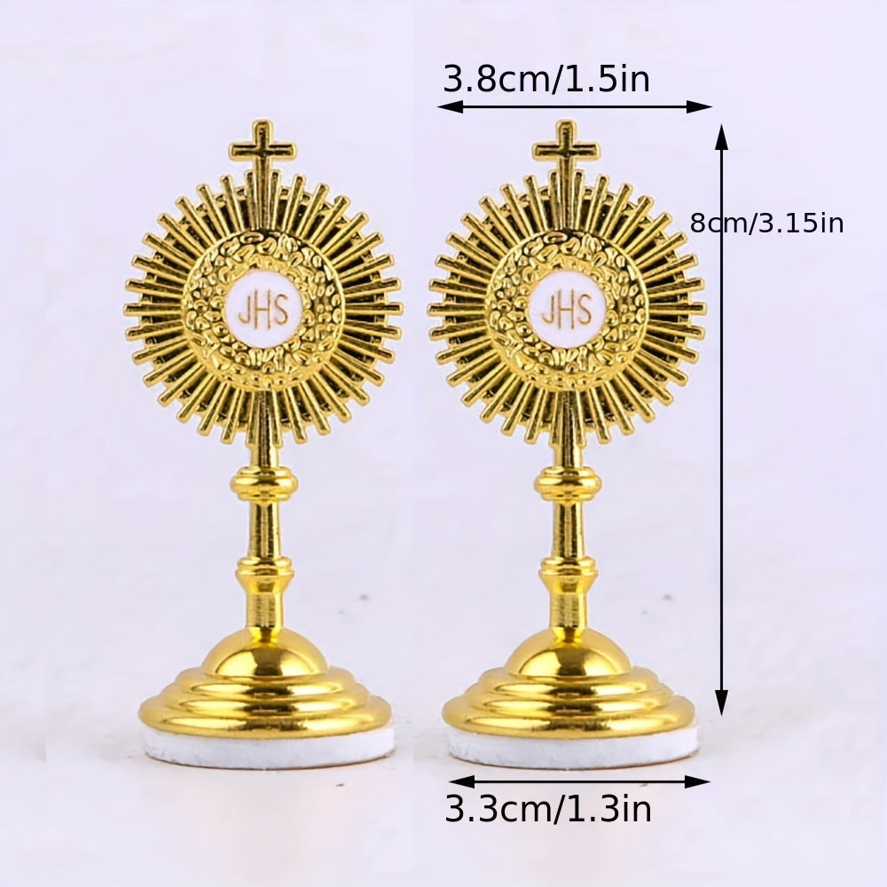 2pcs Golden Catholic Communion Monstrance Statue - Elegant Sacred Table Decor with Cross, Zinc Alloy Construction, Stable Base - for Home, Church, Office - Perfect for Mass, Christmas, Easter, Thanksgiving - Religious Gifts for Catholics, Holiday Table Accent, Ornate Religious Design, Detailed Craftsmanship