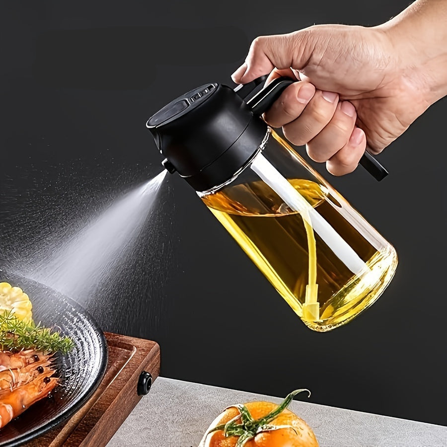 Frasco de óleo portátil 2 em 1 com spray e bico dosador | Pulverizador e dosador de azeite, 470ml, em plástico, ideal para cozinhar, grelhar, fritadeiras elétricas, assar e preparar saladas.