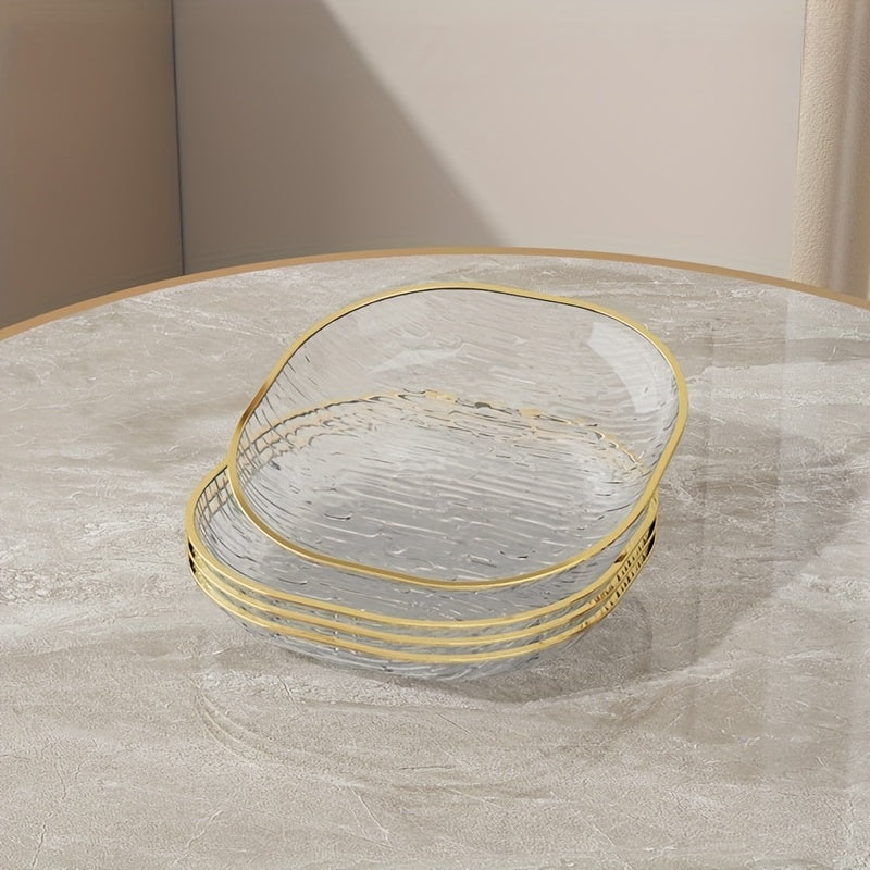 Conjunto de 4 Pratos Elegantes Transparentes para Snacks e Fruta com Borda Dourada, Fabricados com Materiais de Alta Qualidade para Alimentos, Formato Oval, Perfeitos para Refeições Familiares, Convívios e Todas as Estações, Adequados para Fruta, Snacks e Pratos de Servir.