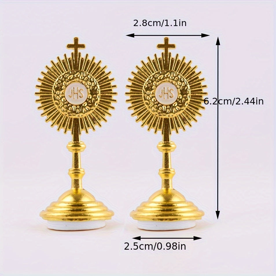 2pcs Golden Catholic Communion Monstrance Statue - Elegant Sacred Table Decor with Cross, Zinc Alloy Construction, Stable Base - for Home, Church, Office - Perfect for Mass, Christmas, Easter, Thanksgiving - Religious Gifts for Catholics, Holiday Table Accent, Ornate Religious Design, Detailed Craftsmanship