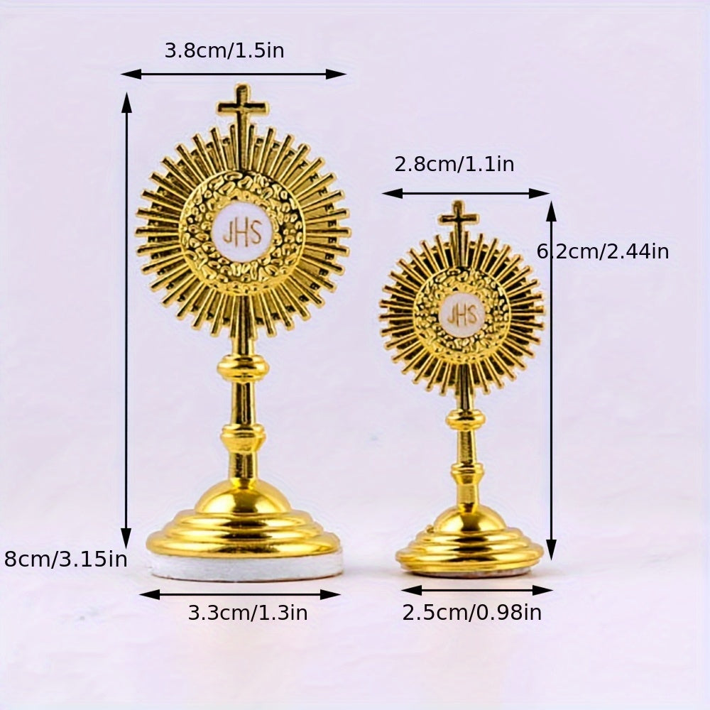 2pcs Golden Catholic Communion Monstrance Statue - Elegant Sacred Table Decor with Cross, Zinc Alloy Construction, Stable Base - for Home, Church, Office - Perfect for Mass, Christmas, Easter, Thanksgiving - Religious Gifts for Catholics, Holiday Table Accent, Ornate Religious Design, Detailed Craftsmanship
