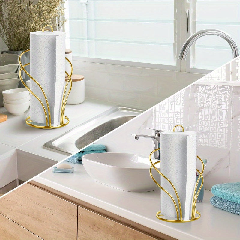 Elegant Golden Tissue Holder with Weighted Base - Freestanding Countertop Paper Towel Rack for Kitchen & Bathroom, Decorative Multi-Loop Design, Towel Holder for Bathroom