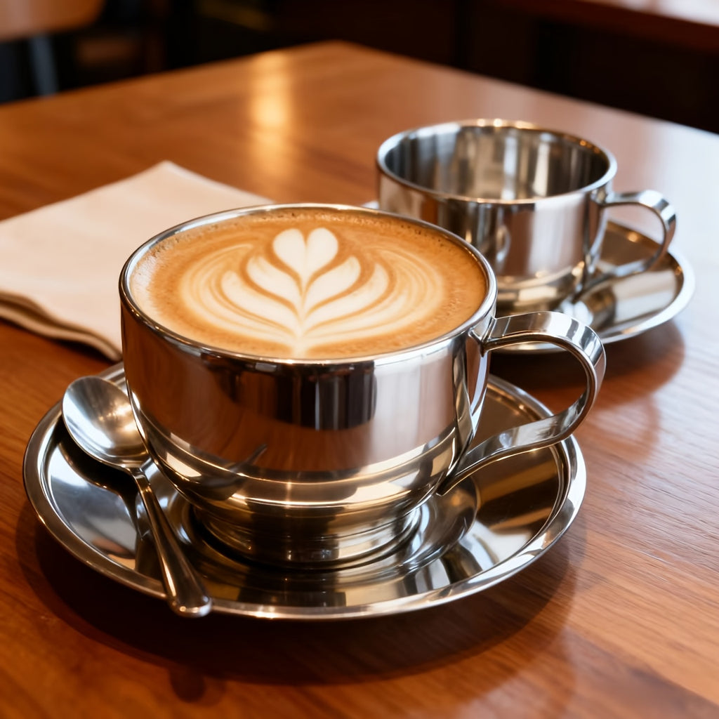 3pcs/sets 304 Thickened Stainless Steel Coffee Cup | Double-walled Insulated Cup | Home/Office Set with Saucer and Spoon (3pcs) - Simple Design, Easy to Clean, Long-lasting Use