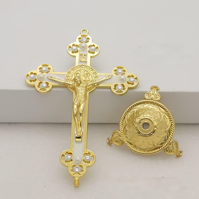 A Vintage Metal Statue of Christ Featuring an Intricate Cross Design - Perfect for Living Room Religious Decor, a Prayer Talisman, Adorned with Beautiful Golden And Red Accents, Suitable for Church Use