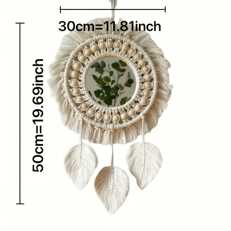 1pc Espelho de Parede Macramê Bohemio Tecido à Mão - Tapeçaria Decorativa Intricada para Sala, Quarto e Decoração de Festa de Natal, Arte em Macramê, Tons Naturais