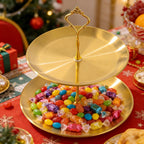 Bandeja de mesa de frutas em aço inoxidável bandeja redonda de 2 camadas decorar mesa de jantar festa e chá da tarde